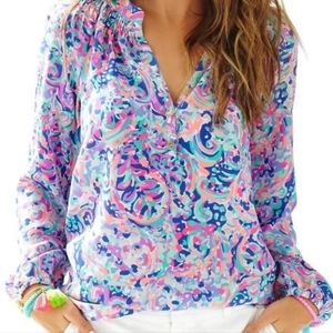 Lilly Pulitzer Elsa top Laplaya pink blue long sleeve blouse Medium